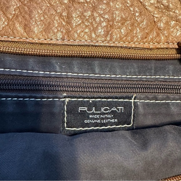 Pulicati Shoulder Bag Italian Made Camel Tan Leather Purse Snakeskin 14.5” x 11” - Picture 6 of 11